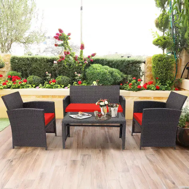 Costway 8PCS Patio Rattan Furniture Set Cushioned Chair Sofa Coffee Table White\Navy\Turquoise\Red