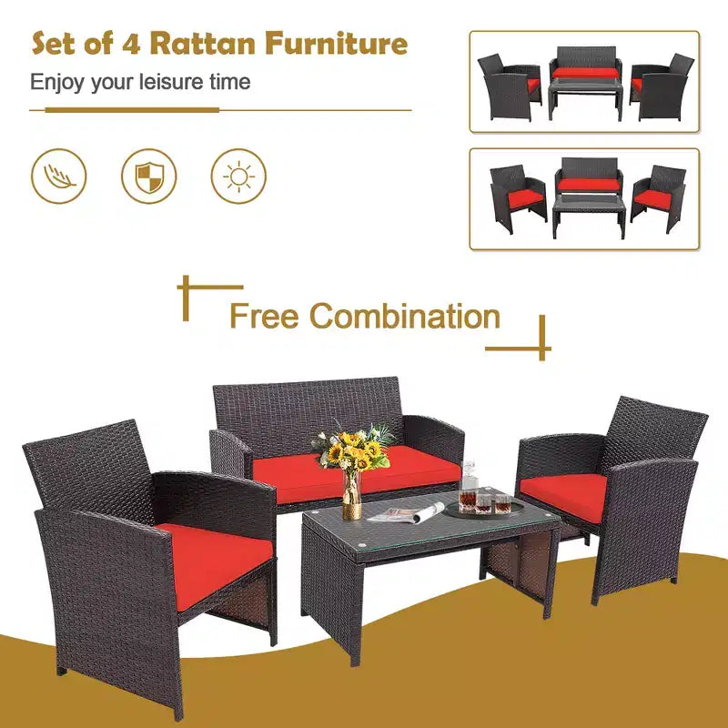 Costway 8PCS Patio Rattan Furniture Set Cushioned Chair Sofa Coffee Table White\Navy\Turquoise\Red