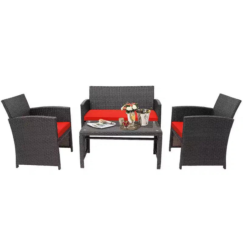 Costway 8PCS Patio Rattan Furniture Set Cushioned Chair Sofa Coffee Table White\Navy\Turquoise\Red