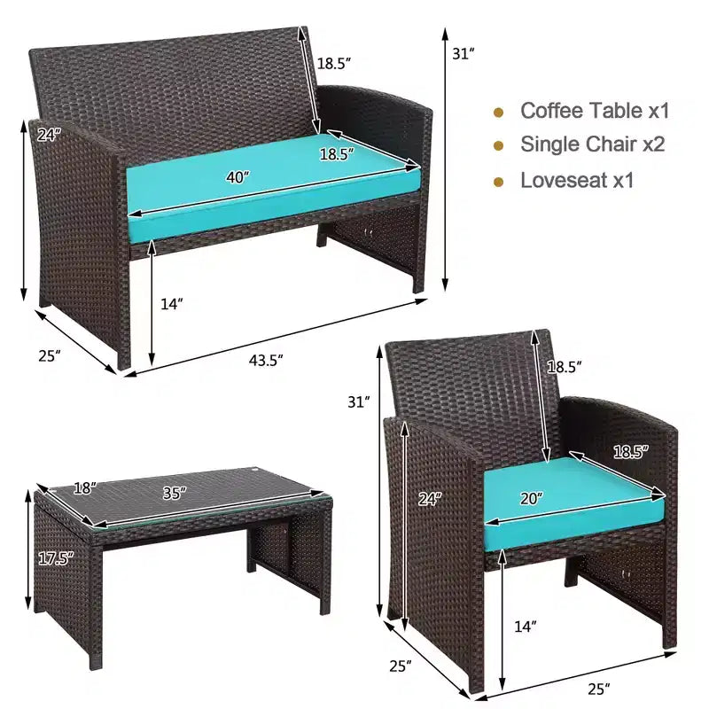 Costway 8PCS Patio Rattan Furniture Set Cushioned Chair Sofa Coffee Table White\Navy\Turquoise\Red