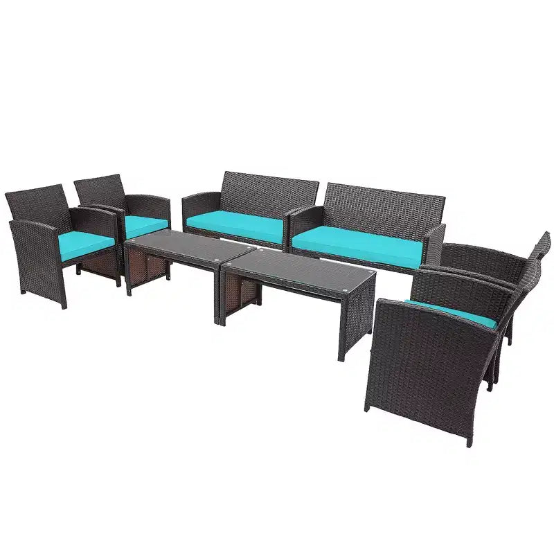 Costway 8PCS Patio Rattan Furniture Set Cushioned Chair Sofa Coffee Table White\Navy\Turquoise\Red