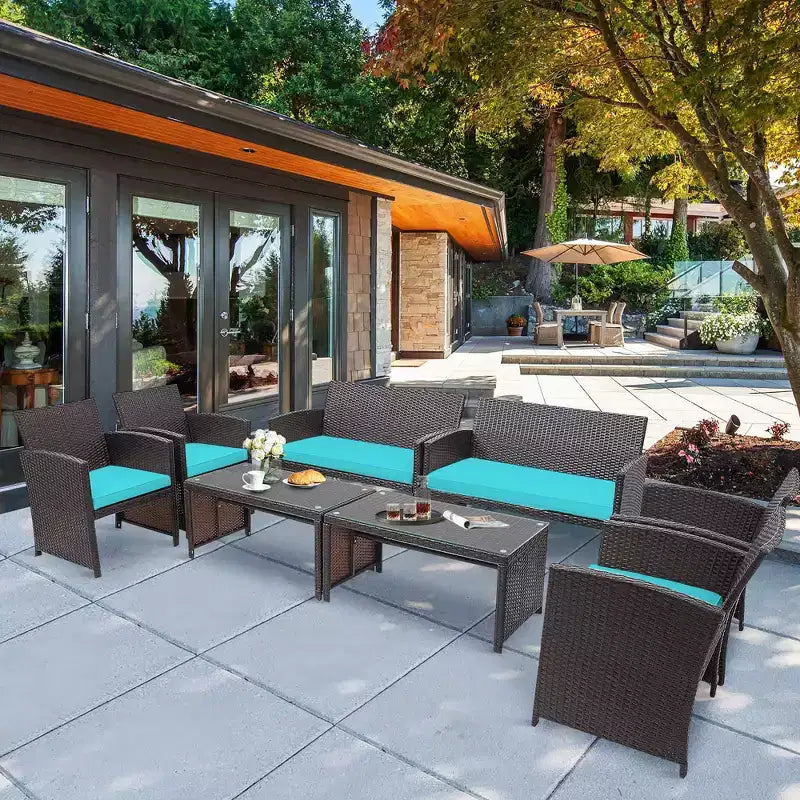 Costway 8PCS Patio Rattan Furniture Set Cushioned Chair Sofa Coffee Table White\Navy\Turquoise\Red