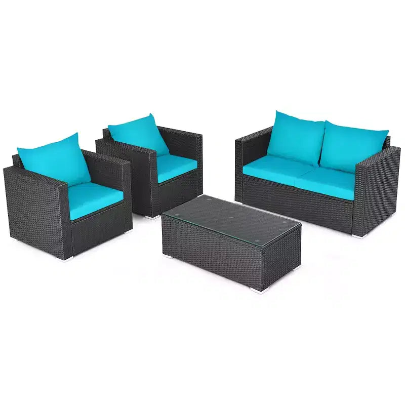 Costway 4PCS Patio Rattan Cushioned Sofa Chair Coffee Table Turquoise