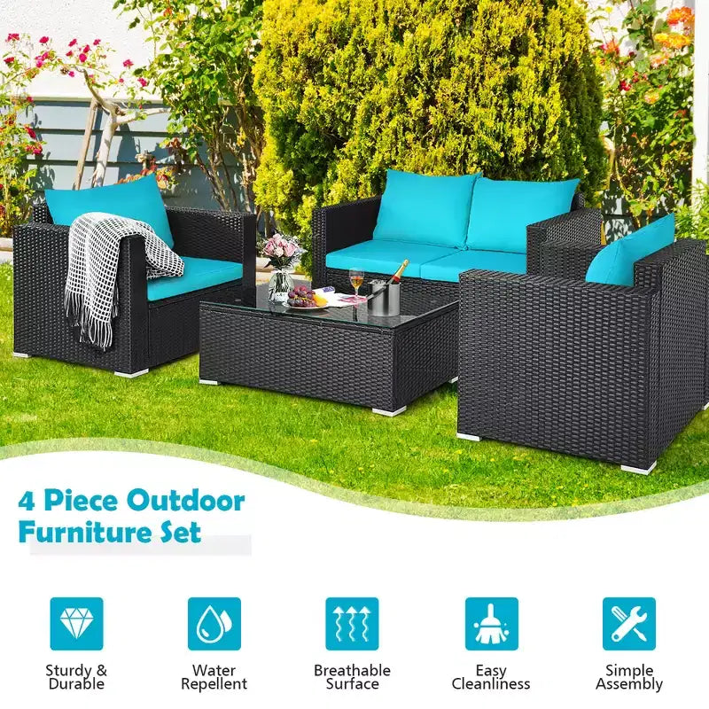 Costway 4PCS Patio Rattan Cushioned Sofa Chair Coffee Table Turquoise