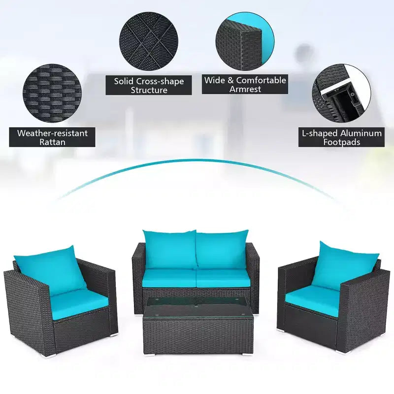 Costway 4PCS Patio Rattan Cushioned Sofa Chair Coffee Table Turquoise