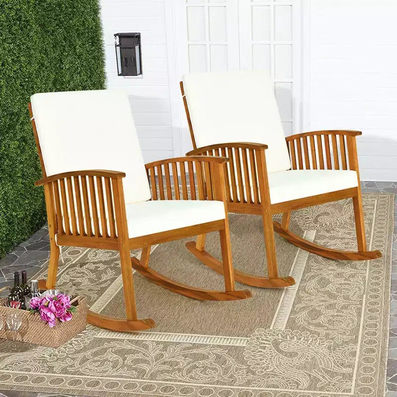 Costway 3PCS Patio Rocking Chair Set Round Table Solid Wood Cushioned Sofa Garden Deck