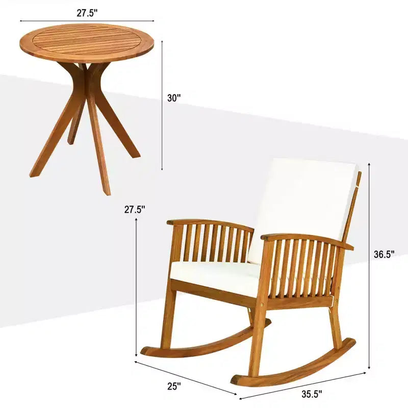 Costway 3PCS Patio Rocking Chair Set Round Table Solid Wood Cushioned Sofa Garden Deck