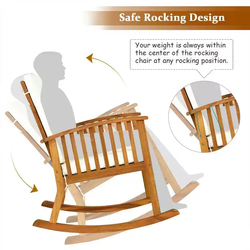 Costway 3PCS Patio Rocking Chair Set Round Table Solid Wood Cushioned Sofa Garden Deck