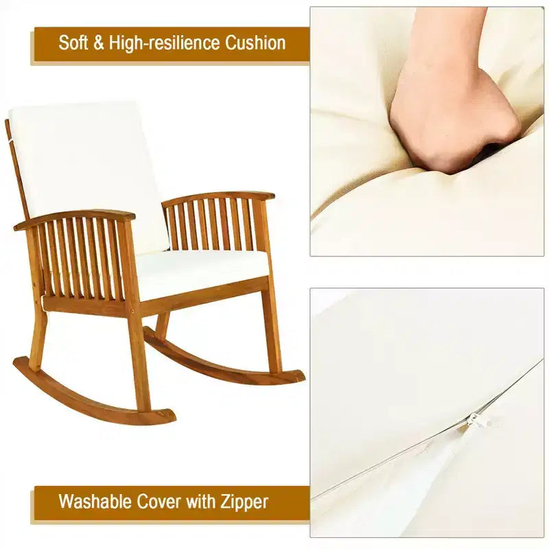 Costway 3PCS Patio Rocking Chair Set Round Table Solid Wood Cushioned Sofa Garden Deck