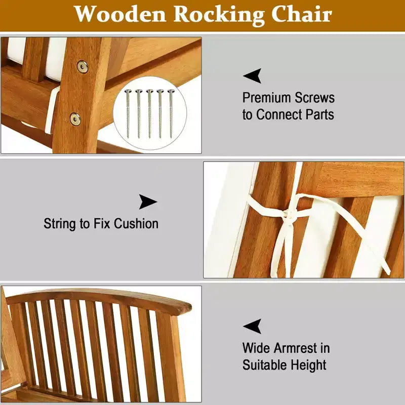 Costway 3PCS Patio Rocking Chair Set Round Table Solid Wood Cushioned Sofa Garden Deck