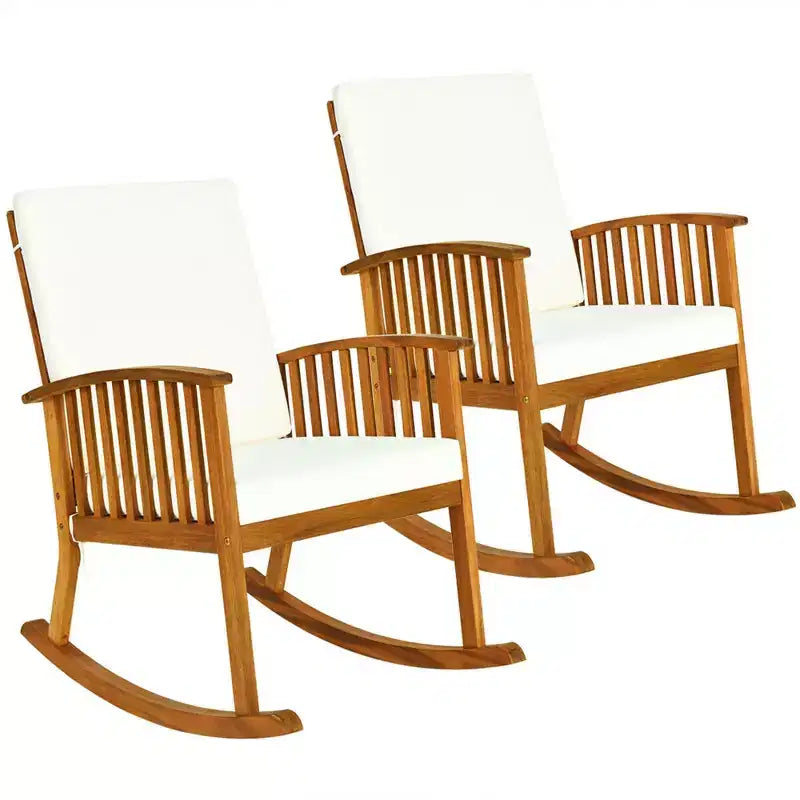 Costway 3PCS Patio Rocking Chair Set Round Table Solid Wood Cushioned Sofa Garden Deck