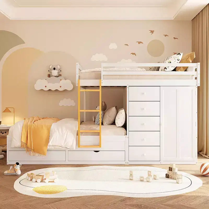 Full over Full Bunk Bed with Storage Wardrobe and Drawers, Full Size Wood Space-Saving Bunk Bed with Guardrail for Apartment, Bedroom