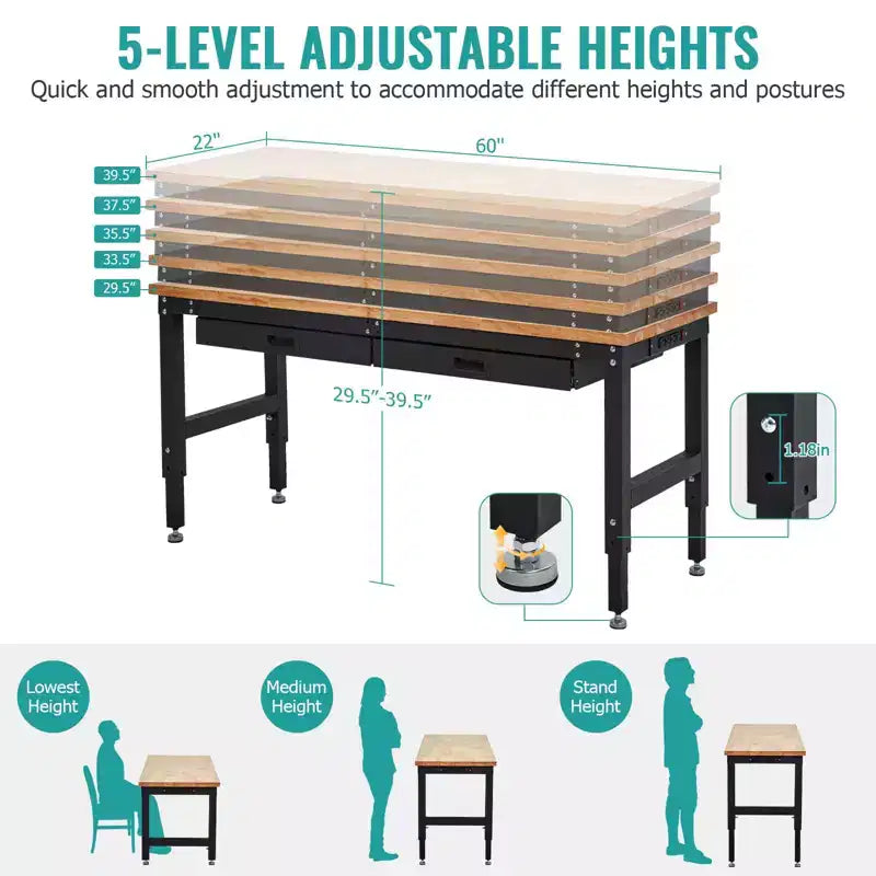 60 Inches Workbench, Rubber Wood Tabletop Work Table with 2 Drawers and Pegboard, 3000 LBS Heavy Duty Adjustable Height Work Bench with Power Outlets