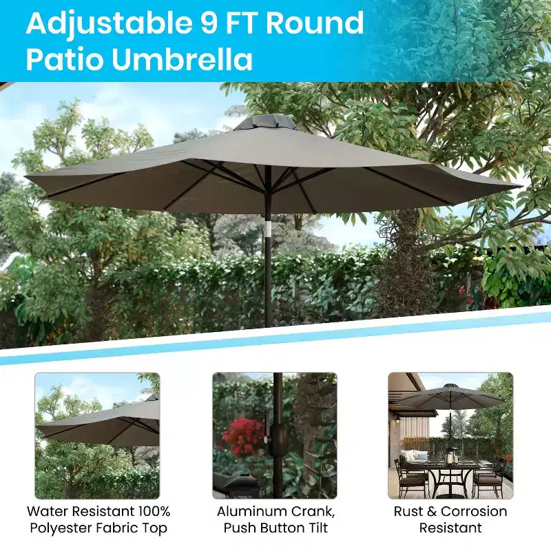 Emma and Oliver 7 Piece Patio Table Set - 4 Synthetic Faux Teak Stackable Chairs - Faux Teak Table - Umbrella with Base
