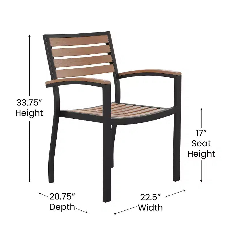 Emma and Oliver 7 Piece Patio Table Set - 4 Synthetic Faux Teak Stackable Chairs - Faux Teak Table - Umbrella with Base