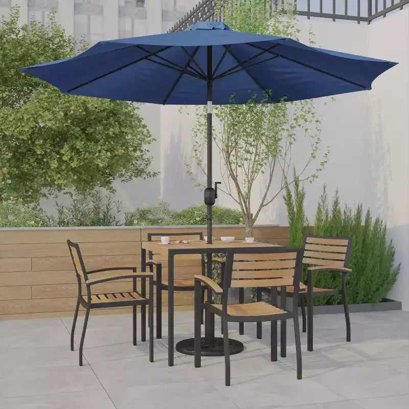 Emma and Oliver 7 Piece Patio Table Set - 4 Synthetic Faux Teak Stackable Chairs - Faux Teak Table - Umbrella with Base