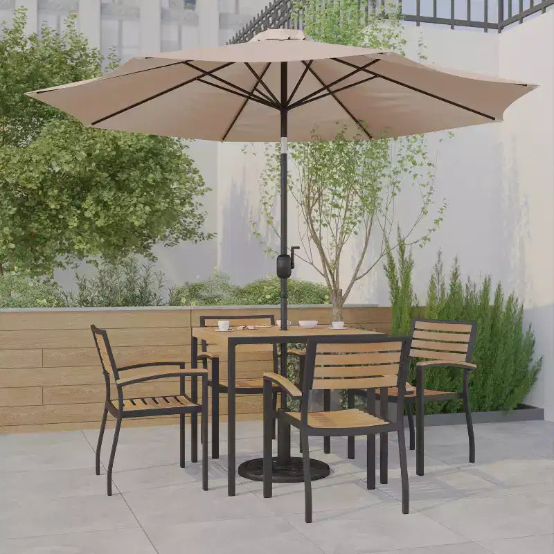 Emma and Oliver 7 Piece Patio Table Set - 4 Synthetic Faux Teak Stackable Chairs - Faux Teak Table - Umbrella with Base