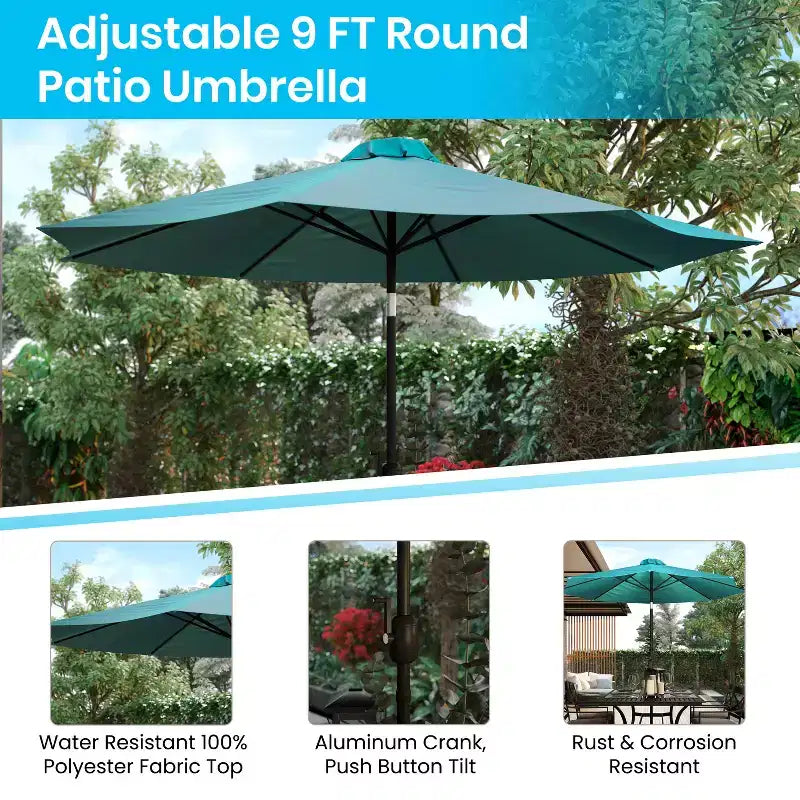 Emma and Oliver 7 Piece Patio Table Set - 4 Synthetic Faux Teak Stackable Chairs - Faux Teak Table - Umbrella with Base