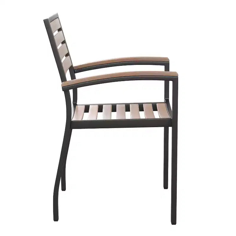 Emma and Oliver 7 Piece Patio Table Set - 4 Synthetic Faux Teak Stackable Chairs - Faux Teak Table - Umbrella with Base