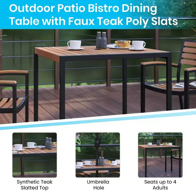 Emma and Oliver 7 Piece Patio Table Set - 4 Synthetic Faux Teak Stackable Chairs - Faux Teak Table - Umbrella with Base
