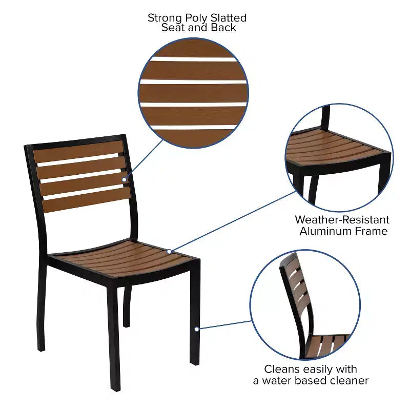 Emma and Oliver 5 Piece Patio Table Set - Synthetic Faux Teak Stackable Chairs - Faux Teak Table - Umbrella with Base