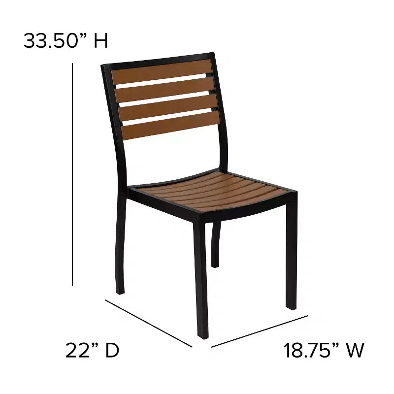 Emma and Oliver 5 Piece Patio Table Set - Synthetic Faux Teak Stackable Chairs - Faux Teak Table - Umbrella with Base