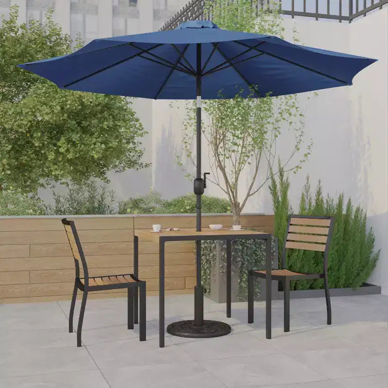Emma and Oliver 5 Piece Patio Table Set - Synthetic Faux Teak Stackable Chairs - Faux Teak Table - Umbrella with Base