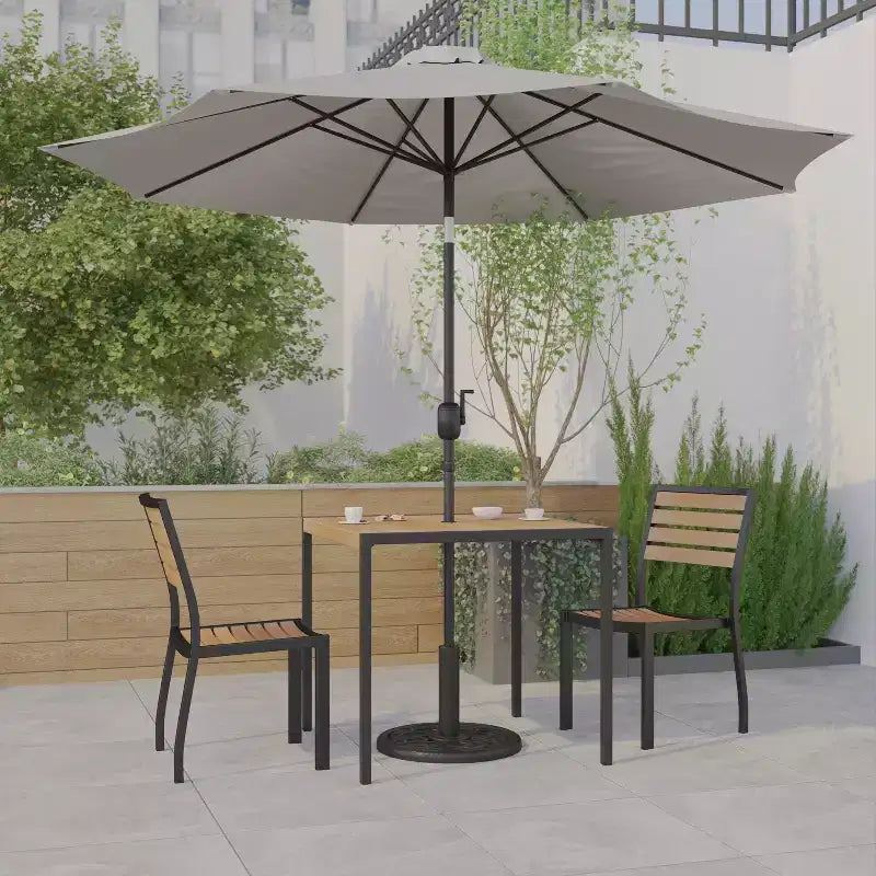 Emma and Oliver 5 Piece Patio Table Set - Synthetic Faux Teak Stackable Chairs - Faux Teak Table - Umbrella with Base
