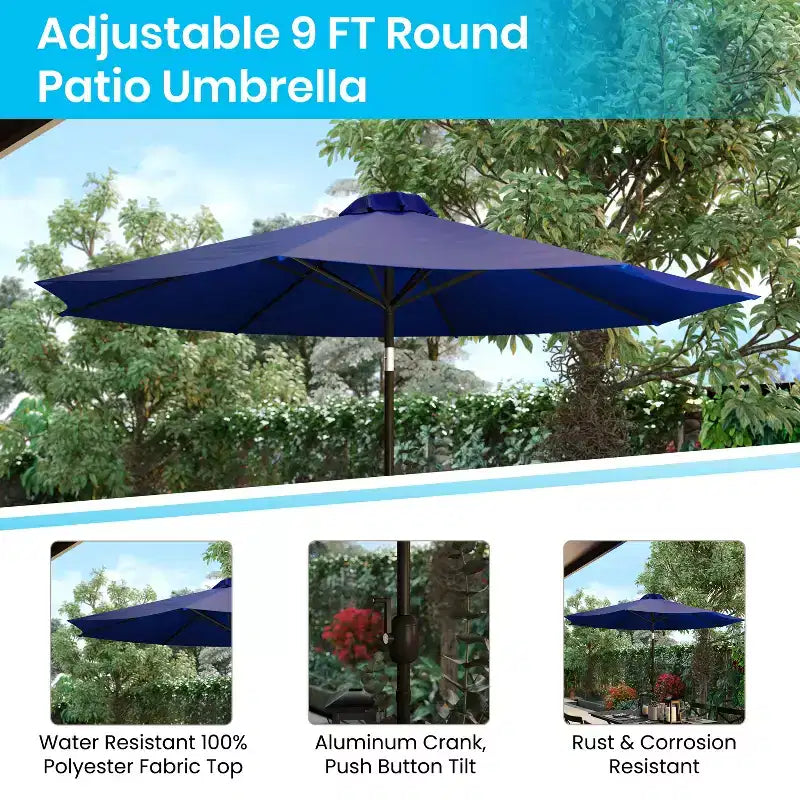 Emma and Oliver 5 Piece Patio Table Set - Synthetic Faux Teak Stackable Chairs - Faux Teak Table - Umbrella with Base