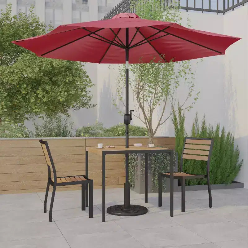 Emma and Oliver 5 Piece Patio Table Set - Synthetic Faux Teak Stackable Chairs - Faux Teak Table - Umbrella with Base