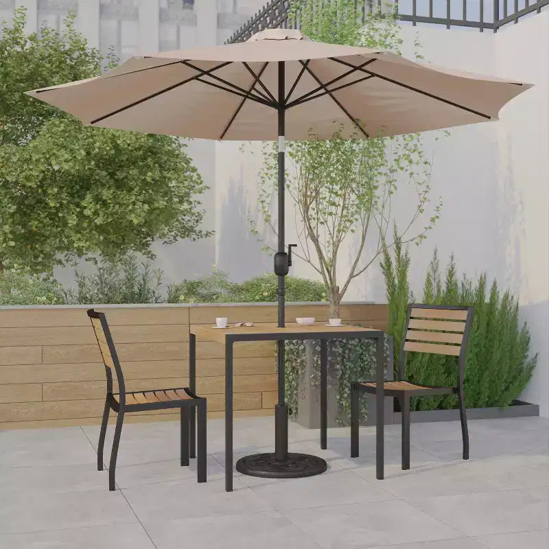 Emma and Oliver 5 Piece Patio Table Set - Synthetic Faux Teak Stackable Chairs - Faux Teak Table - Umbrella with Base