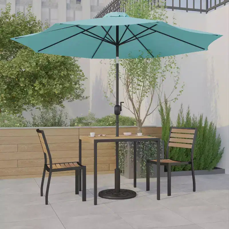 Emma and Oliver 5 Piece Patio Table Set - Synthetic Faux Teak Stackable Chairs - Faux Teak Table - Umbrella with Base