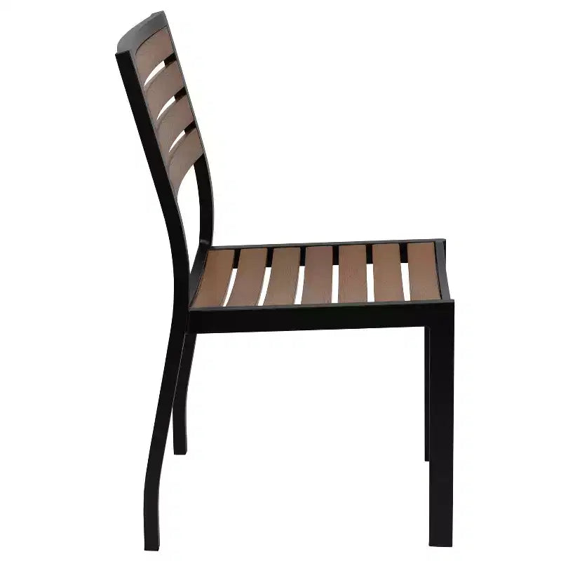 Emma and Oliver 5 Piece Patio Table Set - Synthetic Faux Teak Stackable Chairs - Faux Teak Table - Umbrella with Base