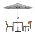 Emma and Oliver 5 Piece Patio Table Set - Synthetic Faux Teak Stackable Chairs - Faux Teak Table - Umbrella with Base