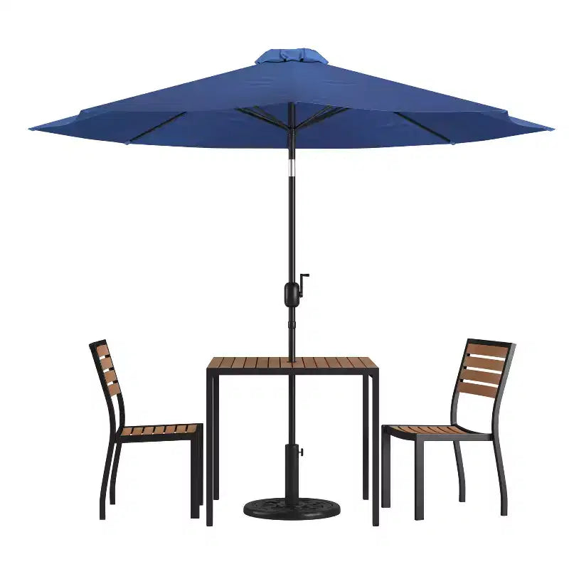 Emma and Oliver 5 Piece Patio Table Set - Synthetic Faux Teak Stackable Chairs - Faux Teak Table - Umbrella with Base