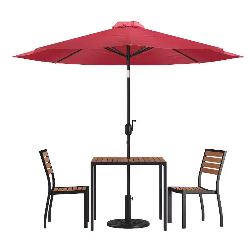 Emma and Oliver 5 Piece Patio Table Set - Synthetic Faux Teak Stackable Chairs - Faux Teak Table - Umbrella with Base