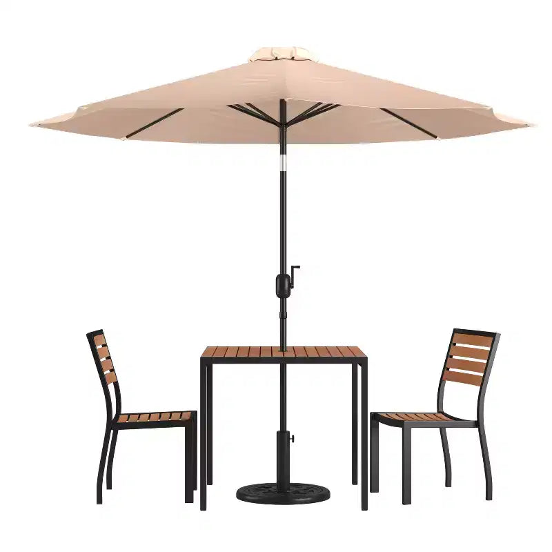 Emma and Oliver 5 Piece Patio Table Set - Synthetic Faux Teak Stackable Chairs - Faux Teak Table - Umbrella with Base