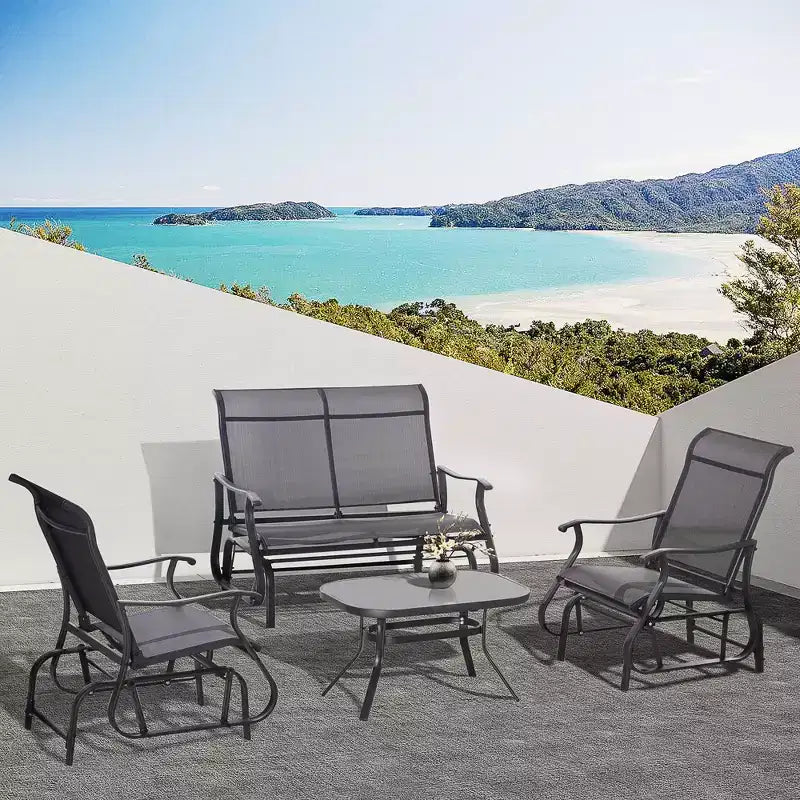 Outsunny 4 Pieces Gliders Set, Outdoor Furniture Sets with 2-Person Glider Patio Bench, Single Sling Chair and Glass Coffee Table, Black