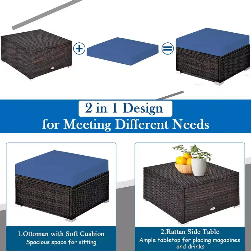 Costway 5PCS Patio Rattan Furniture Set Sectional Conversation Set Ottoman Table Navy