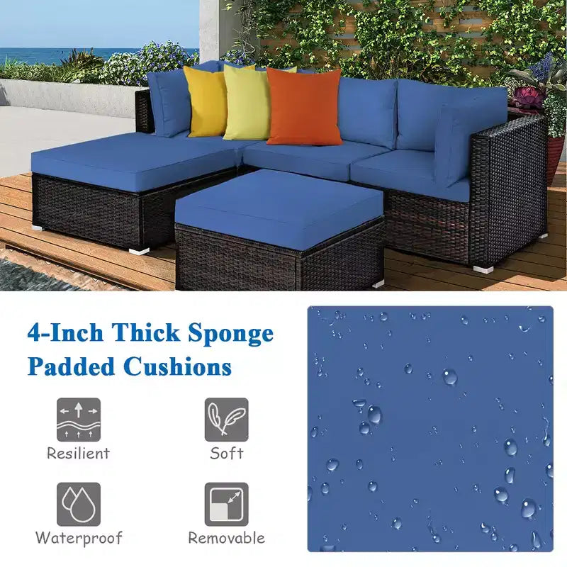 Costway 5PCS Patio Rattan Furniture Set Sectional Conversation Set Ottoman Table Navy