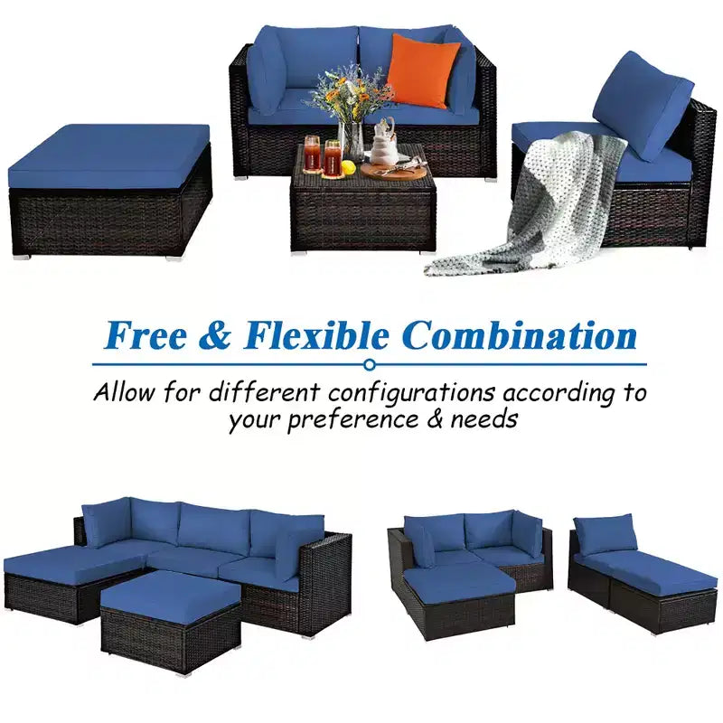 Costway 5PCS Patio Rattan Furniture Set Sectional Conversation Set Ottoman Table Navy