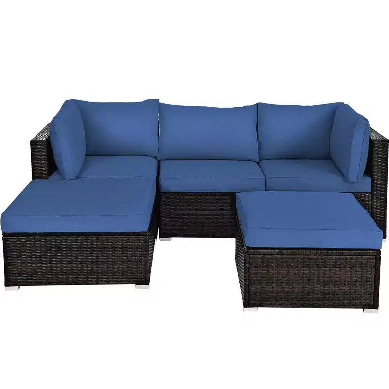 Costway 5PCS Patio Rattan Furniture Set Sectional Conversation Set Ottoman Table Navy