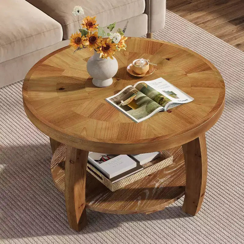 Lantine Solid Wood Round Coffee Table, 2-Tier Center Table with Storage, 31.5 Inch Tabletop with Mosaic Pattern, Easy Assembly, for Living Room, Brown