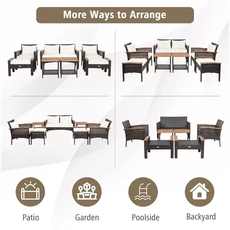 Costway 7PCS Patio Rattan Furniture Set Cushioned Loveseat Sofa Ottoman Table