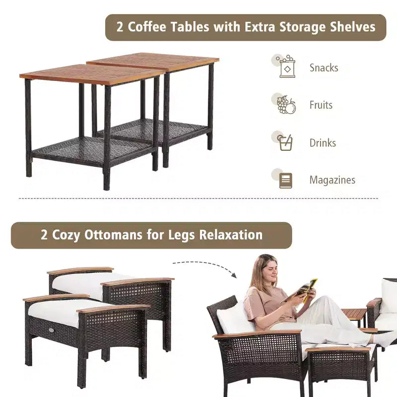 Costway 7PCS Patio Rattan Furniture Set Cushioned Loveseat Sofa Ottoman Table