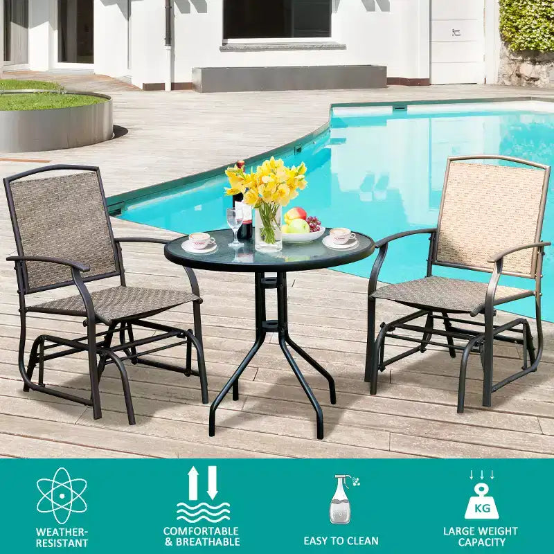 Costway 3PCS Patio Bistro Furniture Set Rocking Glider Chair Glass Table