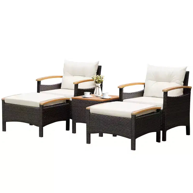 Costway 5PCS Patio Rattan Furniture Set Sofa Ottoman Cushioned Table W/Wood Top
