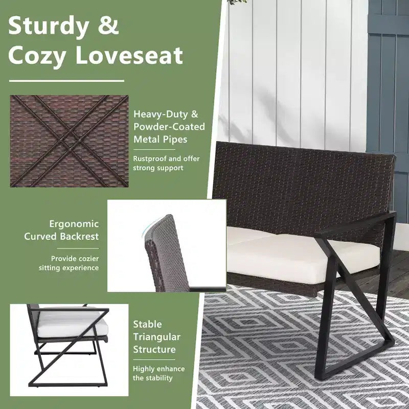 Costway 4PCS Patio Rattan Wicker Rocking Chairs Loveseat Table Rocker Set Cushions Porch