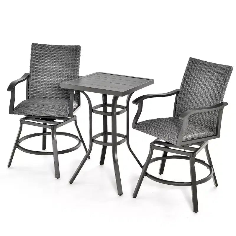 Costway 3PCS Patio Rattan Bar Table Stools Set Aluminum 360 Swivel Chairs with Padded Seat