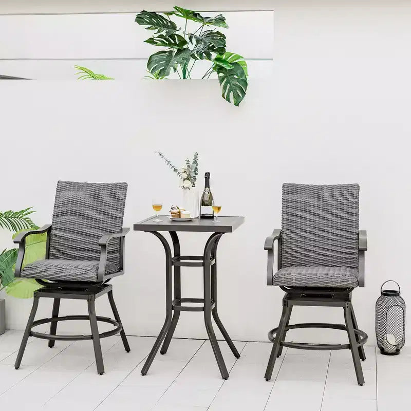 Costway 3PCS Patio Rattan Bar Table Stools Set Aluminum 360 Swivel Chairs with Padded Seat